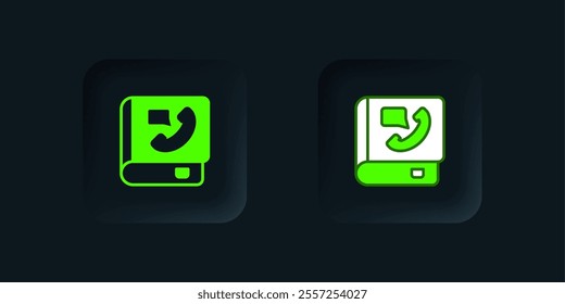 Green Phone book icon isolated on black background. Address book. Telephone directory. Black square button. Vector