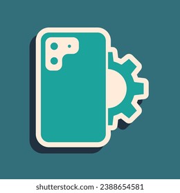 Green Phone repair service icon isolated on green background. Adjusting, service, setting, maintenance, repair, fixing. Long shadow style. Vector