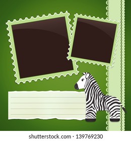 Green Photo album page with cute cartoon zebra