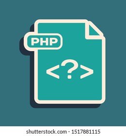 Green PHP file document. Download php button icon isolated on blue background. PHP file symbol. Long shadow style. Vector Illustration