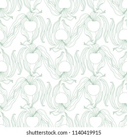 Green Physalis Hand Drawn Seamless Pattern on White. Delicate Line Drawing Wallpaper