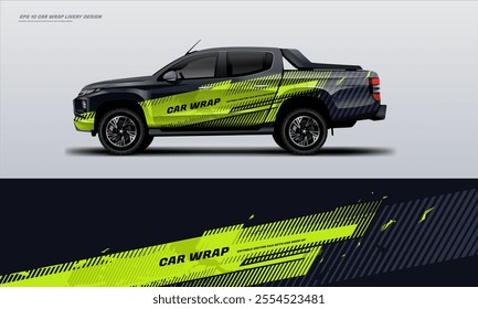 green pick up truck truck double cabin branding sport rally Pick up truck touch of black, mockup with racing wrap decal or livery design.