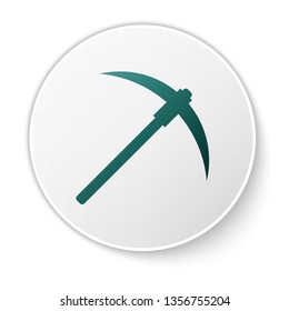 Green Pickaxe icon isolated on white background. Blockchain technology, cryptocurrency mining, bitcoin, digital money market, cryptocoin wallet. White circle button. Vector Illustration