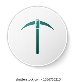Green Pickaxe icon isolated on white background. Blockchain technology, cryptocurrency mining, bitcoin, digital money market, cryptocoin wallet. White circle button. Vector Illustration