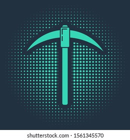 Green Pickaxe icon isolated on blue background. Blockchain technology, cryptocurrency mining, bitcoin, digital money market, cryptocoin wallet. Abstract circle random dots. Vector Illustration