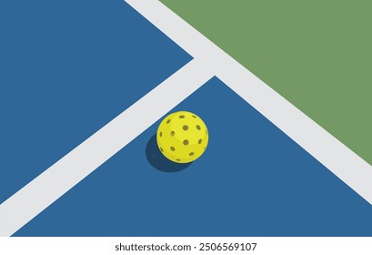 Green pickleball ball in a pickleball court vector illustration.