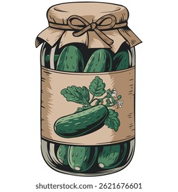 green pickled cucumbers glass jar isolated vector illustration on white background