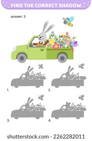Green pickup with rabbit. Find the correct shadow. Shadow matching game. Flat, cartoon. Isolated vector illustration eps 10