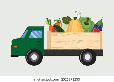 Camioneta verde llena de verduras como calabacín, repollo y calabaza, aislada