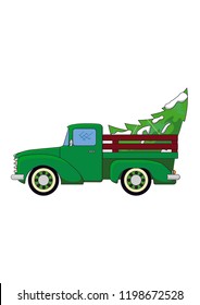 green pickup truck, old scool car, with Christmass tree, 
we are taking the Christmas tree home