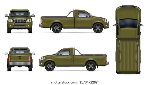 Green Pickup Truck Vector Mockup On White Background. View From Side, Front, Back, And Top. All Elements In The Groups On Separate Layers For Easy Editing And Recolor