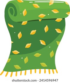 Green picnic blanket with yellow leaves pattern and fringe. Autumn cozy plaid for outdoor relaxation. Seasonal comfort and fall atmosphere vector illustration.