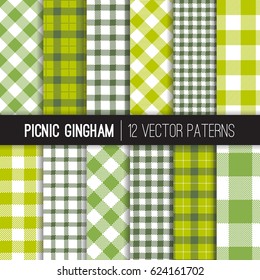 Green Picnic Tablecloth Gingham and Tartan Vector Patterns in Greenery - 2017 Color of the Year, Kale and Lime Green. Rustic Organic Food Packaging Background. Vector Pattern Tile Swatches Included.