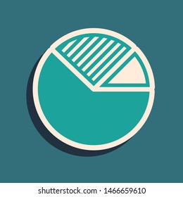 Green Pie chart infographic icon isolated on blue background. Diagram chart sign. Long shadow style. Vector Illustration