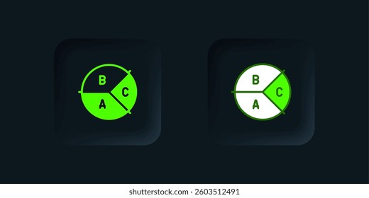 Green Pie chart infographic icon isolated on black background. Diagram chart sign. Black square button. Vector