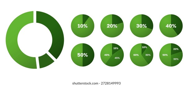 Conjunto de infografía de gráfico circular verde con variaciones porcentuales, diseñado en un estilo moderno limpio. Adecuado para análisis de negocios, informes, paneles, presentaciones, infografías y uso de Vectores comerciales