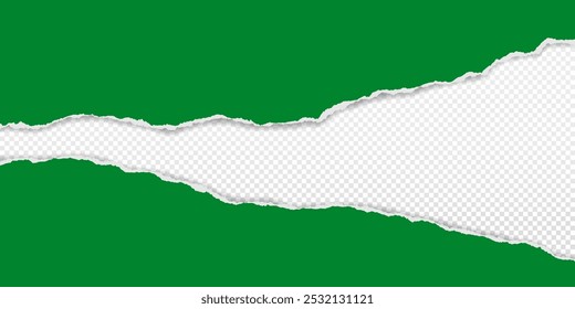 Green piece of paper with torn edges and soft shadow are on transparent background for text or ad.