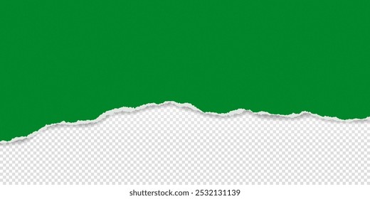 Green piece of paper with torn edges and soft shadow are on transparent background for text or ad.