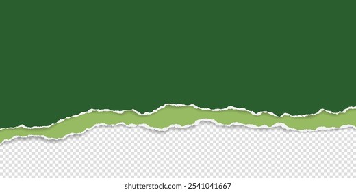 El pedazo verde de papel con los bordes rasgados y la sombra suave están en fondo transparente para el texto o el anuncio. Ilustración vectorial.