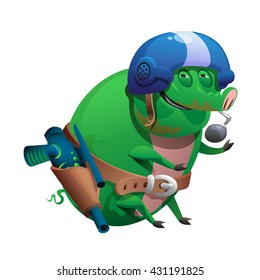 Green pig with equipment for paintball. Vector illustration.