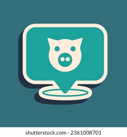 Green Pig icon isolated on green background. Animal symbol. Long shadow style. Vector