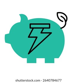 The green piggy bank features leaves and lightning bolts, conveying the concept of environmentally friendly energy saving for sustainable living.