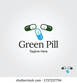 Green Pill Logo Design Template With A Plant. Tablet, Capsules, Drugstore Logo