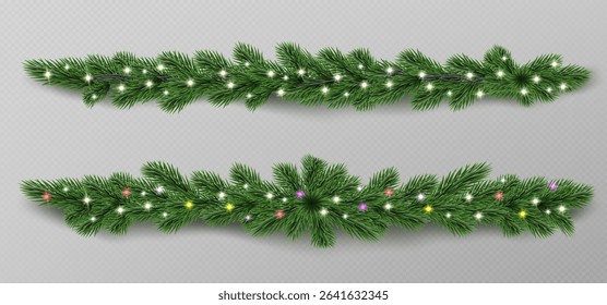 Green pine branch garland with glowing lights - realistic Christmas decoration borders for holiday design. Festive evergreen wreaths with white and colorful bulbs isolated on transparent background.