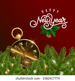 Green pine branches, blur decorative Christmas tree branch with golden clock. Vector illustration. Great for christmas cards, banners, flyers, party posters
