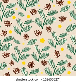  Green pine branches and brown bumps, yellow stars. Сolor vector illustration.