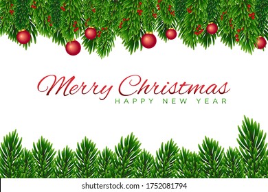 Green pine branches, leaves and red berries with red ornaments. Christmas background with top and buttom borders. Winter Xmas and New Year concept vector illustration.