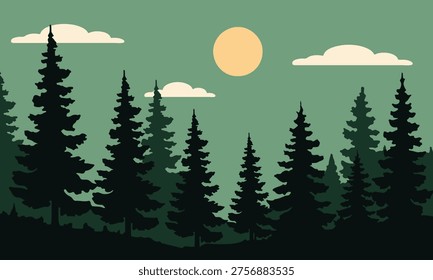 Green Pine Forest Silhouette with Sun and Natural Sky