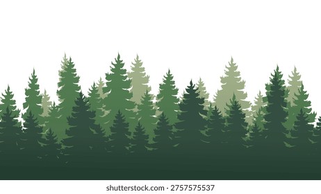 Green pine forest vector landscape with layered evergreen trees and misty woods