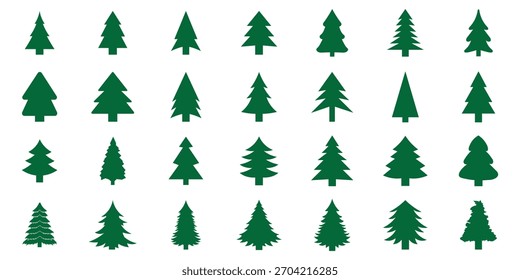Árbol de pino verde, colección de árboles de Navidad. Un conjunto de árboles de Navidad verdes. Elementos de diseño de temporada de invierno y simplemente colección de pictogramas. Iconos e ilustración aislados de la Navidad del Vector.