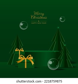 Green pine tree and gift box on a green background. Christmas or New Year Illustration. Digital craft style.