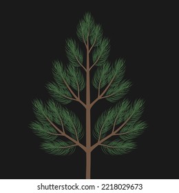 Grüner Kiefernbaum einzeln auf schwarzem Hintergrund, Design-Element.