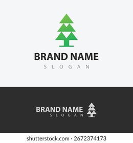 Green pine tree logo icon in flat minimalist vector style on dual white and black background