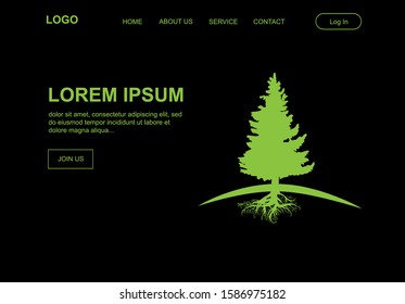Green pine tree on a black background, vector landing page template