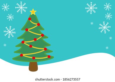 Green pine tree ornament with lights on white snow and snowflakes on blue background. Flat design vector illustration. Happy Christmas and winter Day concept.