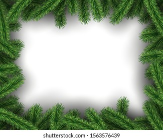 Green pine tree realistic design on white background vector illustration. Holidays festive frame with fir branches flat style. Merry Christmas and Happy New Year concept