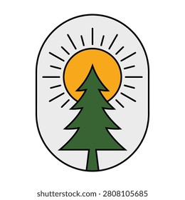 A green pine tree stands in front of a vibrant orange sun with rays on a white background, symbolizing nature and tranquility outdoors.