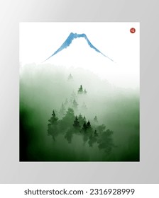 Green pine trees and far blue mountains. Traditional oriental ink painting sumi-e, u-sin, go-hua. Translation of hieroglyph - good luck