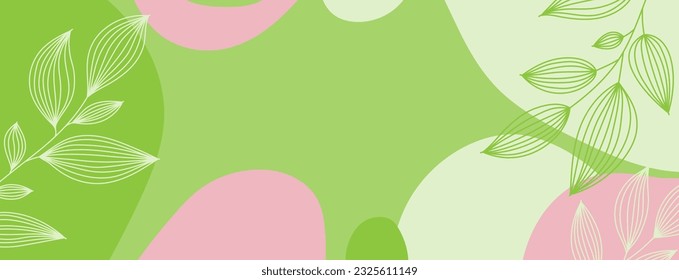 Green and pink abstract background with linear beautiful leaves. Banner for spa and beauty salons. Natural background