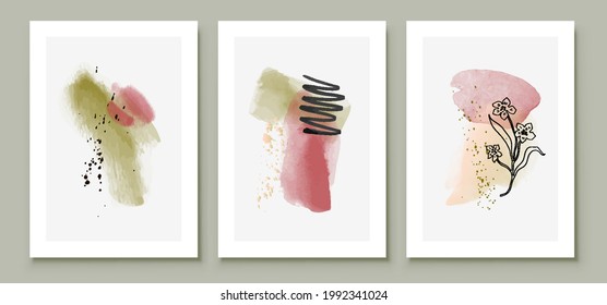 Green and Pink Abstract Watercolor Compositions. Set of soft color painting wall art for house decoration or invitations. Minimalistic background design. Vector wall art plants in minimalist style.