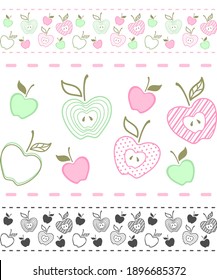 Green and pink apples with different patterns on a white background. Vector seamless border, horizontal pattern for cafe, packaging, wrapper, flyer, printing on fabric, textile, tape, ribbon and menu