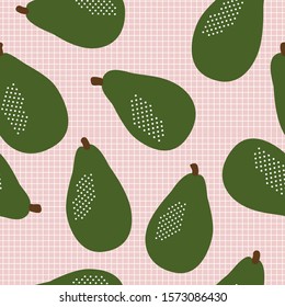 Green and pink avocado seamless pattern with whole fruit vector images on a grid background.