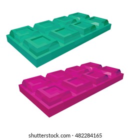Green and Pink Bars of Chocolates in Perspective. Mint and Strawberry Chocolates Isolated on White Background. Vector 3d Realistic Illustration.