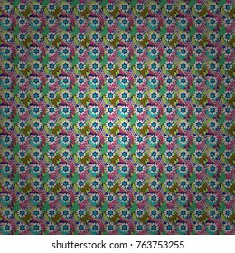Green, pink and blue background with flowers pattern. Vector floral seamless pattern.