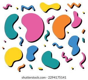 Green, pink, blue geometric abstract elements set. Dynamical colored forms, lines and splash. Flowing shapes banners. Template for design of logo, flyer, presentation, vector illustration