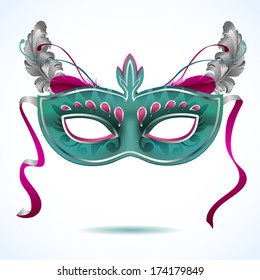 Green and pink carnival mask with silver feathers, Masquerade party mask